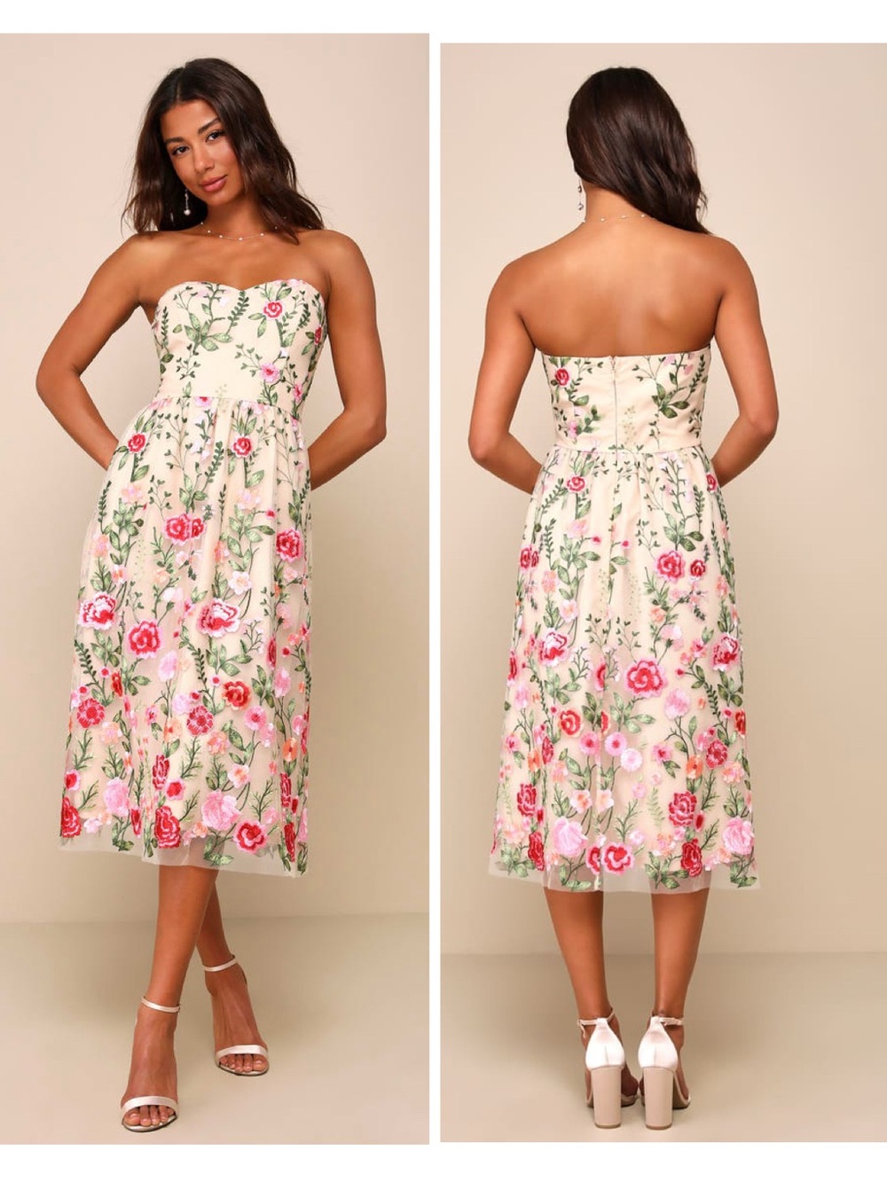 Lulus Endless Praise Beige Floral Embroidered Strapless Midi Dress Size Small